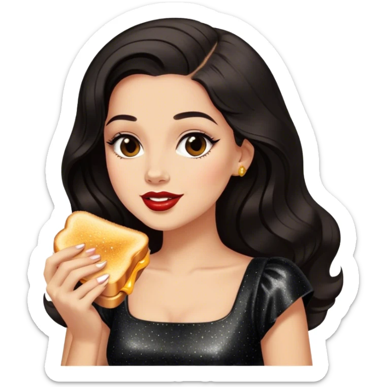 Beautiful woman in 1950’s woman fashion look, black shimmery dress, long dark brown hair, grilled cheese sandwiche sticker