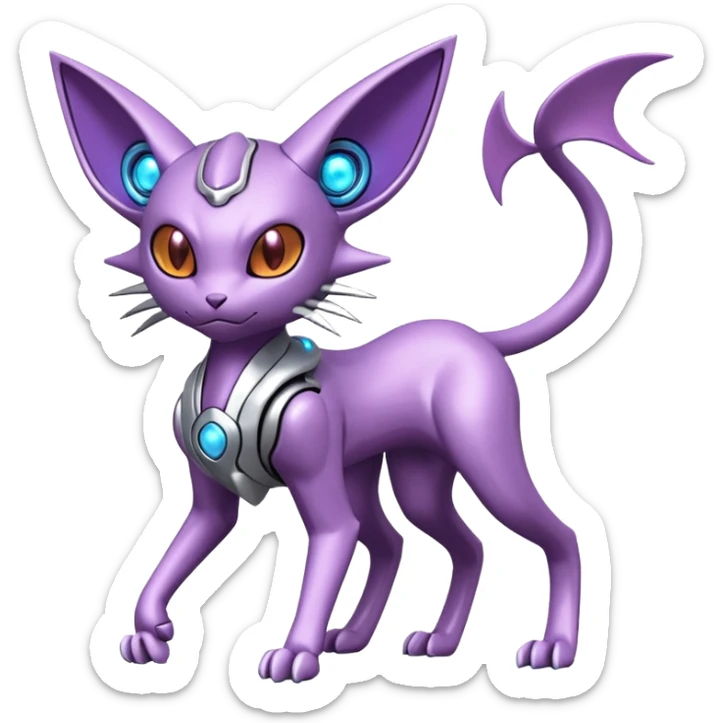 Mechanical Miraidon-Espeon-Mewtwo-Fakémon-hybrid-creature (full body) with glowing eyes  sticker