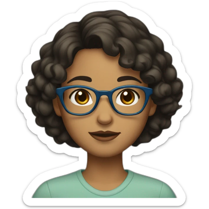 A girl with short, curly black hair, black eyes, brown skin, blue glasses, and an olive-coloured shirt over it.  sticker