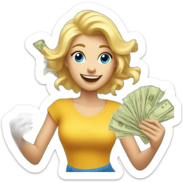 blonde girl with blue eyes rejoices and dances while holding money in her hands sticker