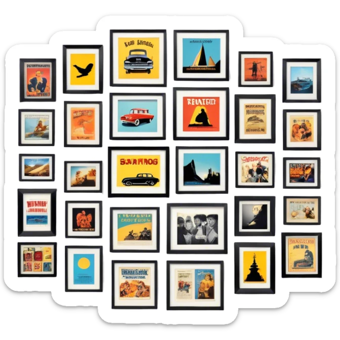Icon for Photograph and Poster Collecting: a collection of photographs and movie posters, neatly displayed on a wall or in frames. The icon should evoke the nostalgia and artistic value of collecting rare images and posters. Transparent background. sticker