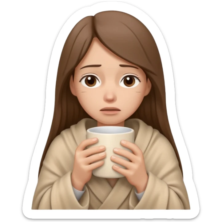 emoji-style illustration of a sad crying woman with long straight brown hair, wrapped in a cozy beige blanket, holding a mug cup, minimalistic look, front-facing, soft 3D cartoon rendering, plain background sticker
