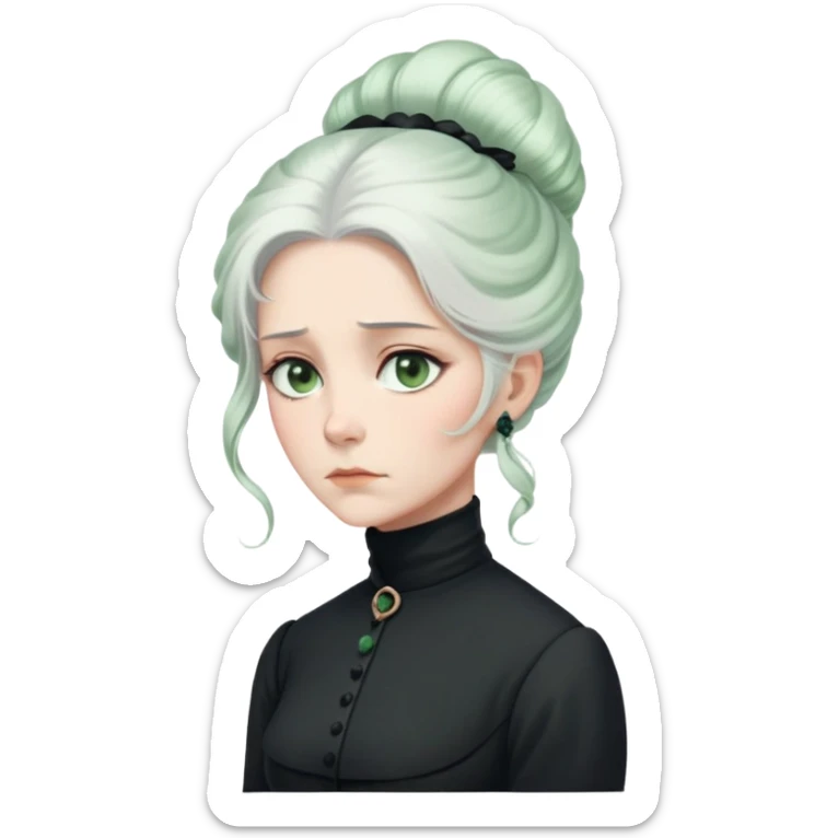 A Victorian woman with elegant coiffed white hair and pale green eyes wearing a modest black turtleneck mourning dress looking down with a forlorn expression sticker