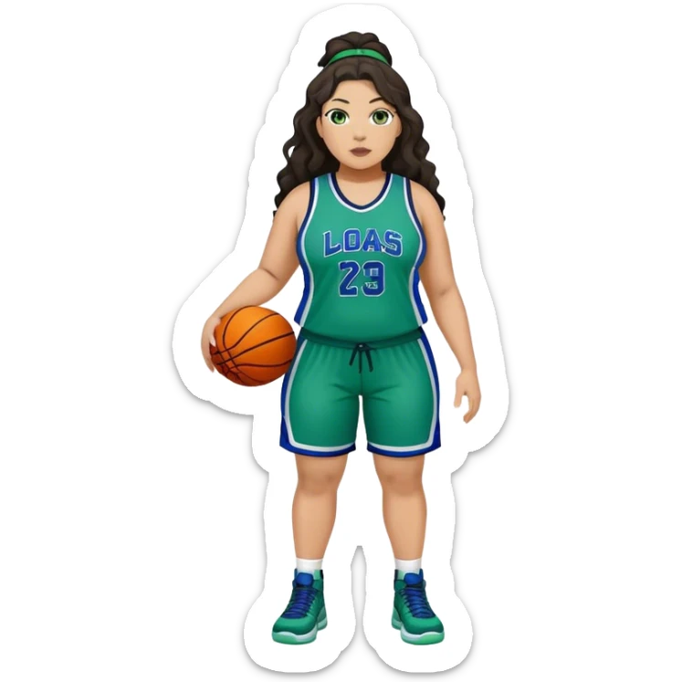 Full Body light skin Latino plus size full figured women basketball player with long wavy dark hair  wearing blue and green uniform sticker