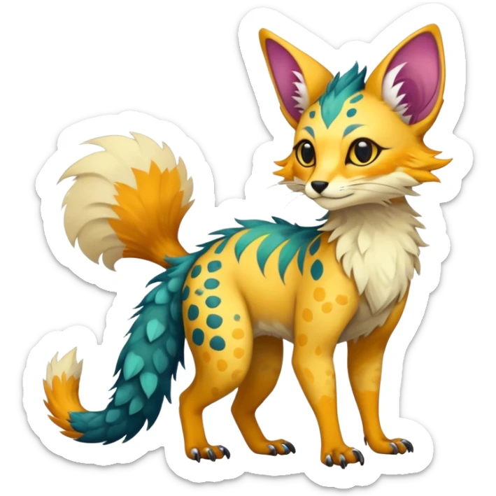 Feral Rare Fantasy vibrant colorful Vernid-Trico-species by LiLaiRa, random markings, tufted tail, tufted ears, full body sticker