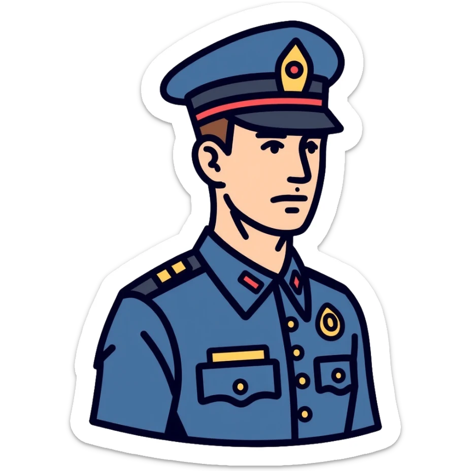 Russian police officer wearing blue uniform and traditional police cap with badge sticker