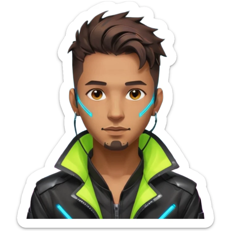 Cyberpunk street adult, hispanic, male, messy undercut, glowing earpiece, light stubble, brown eyes, neon reflections, headshot sticker