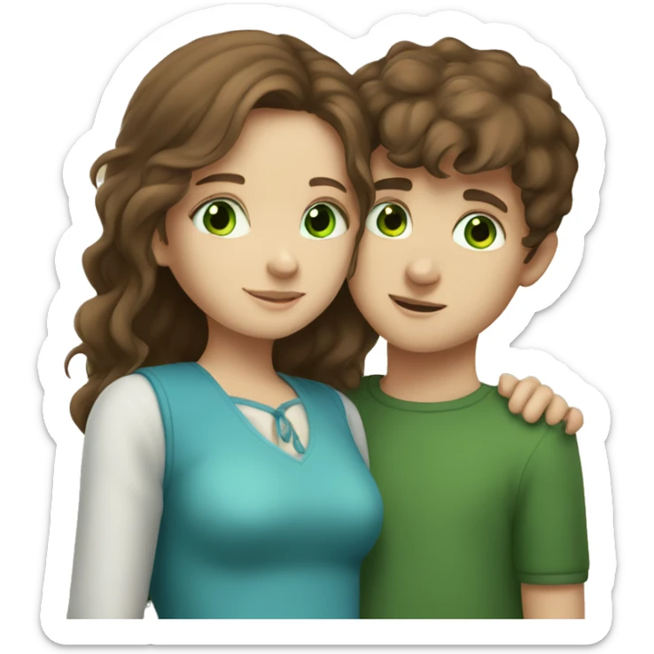 girl with brown hair and blue eyes hugging a boy with brown hair and green eyes  sticker
