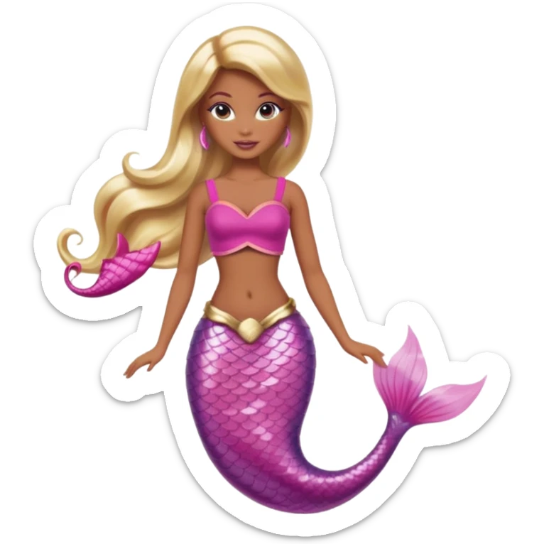 Brown skin blonde hair barbie mermaid with pink tail and pink highlights in hair  sticker