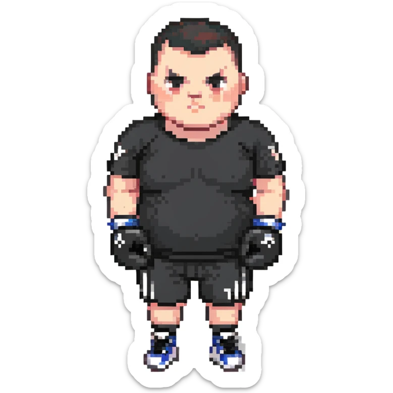white man with dark hair, dark eyes, buzzcut faded haircut, overweight 100kg boxer, chubby face, stocky build, wearing full black clothes, black adidas boxing gloves, highly pixelated, chunky pixel style, low resolution sticker