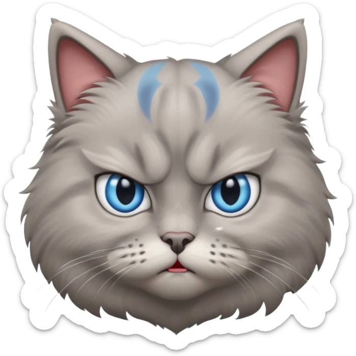 angry grey cat blue small slanted eyes. iphone real emoji style, made the cat look challenging sticker
