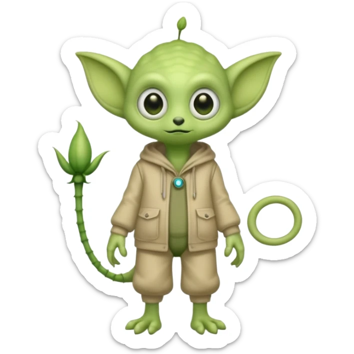 full body cute roughly humanoid peacefull alien furry with 2 legs and eye stalks stands upright and looks intelligent ...wears clothing. not green..looks happy and cudly... has 3 eyes...the alien has 3 eyes....it has an extra eye on a stalk sticker