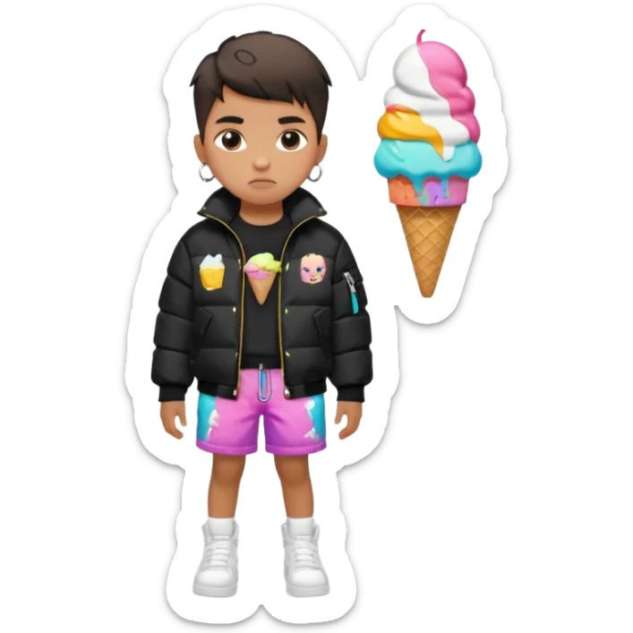 A young boy that Wears a black puffer jacket, colorful Ice Cream shorts with cartoon prints, white Air Forces, a crossbody bag, and a chain. Has a fade or durag, serious face, and London street vibes sticker