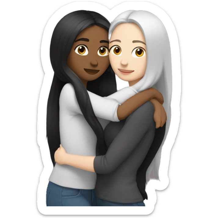 A lesbian couple with white skin and long black hair hugging intimately, not looking at the camera. sticker