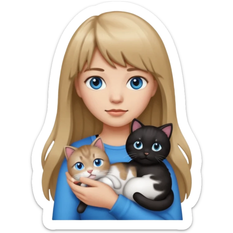Apple-style emoji sticker of a young woman with long dark blond hair and bangs, blue eyes , holding a spotting black-and-white kitty on her chest.  sticker