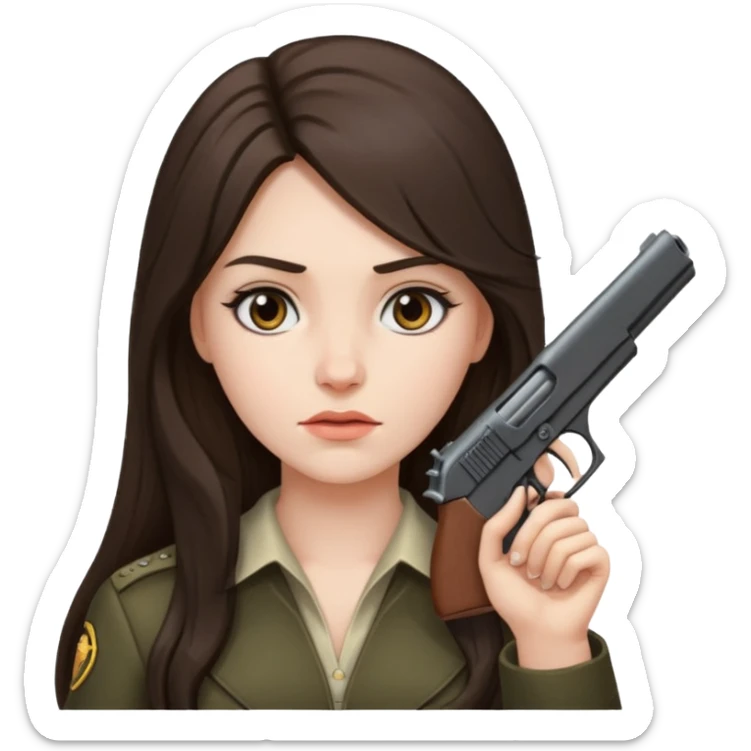 A brunette with long hair girl who is about to kill herself witha gun pointed at her temple sticker