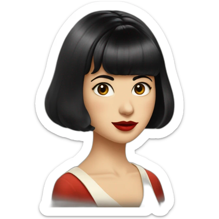 a girl who looks like amelie poulain, short bob cut with bangs, black hair, brown eyes, cherry red lips, white skin, vintage clothing sticker