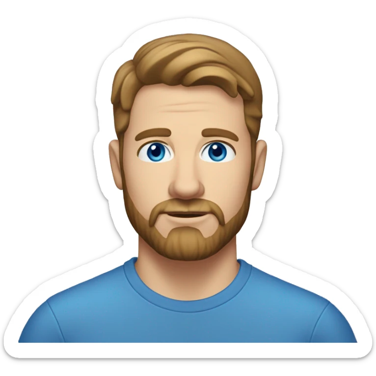 A head and shoulders shot of a 34 year old white man, with short brown hair, with beard facial hair,   with blue eyes wearing a t-shirt. sticker