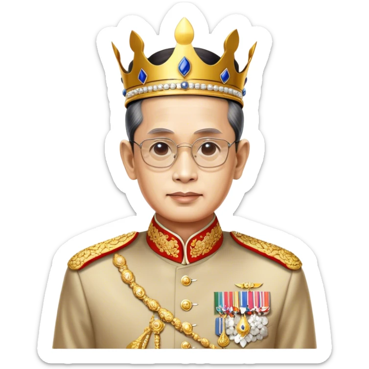 Cinematic Realistic King Bhumibol Adulyadej Portrait Emoji, depicted as a revered Thai monarch with a dignified expression and traditional royal attire, rendered with lifelike textures and soft regal lighting that captures his lasting legacy. sticker