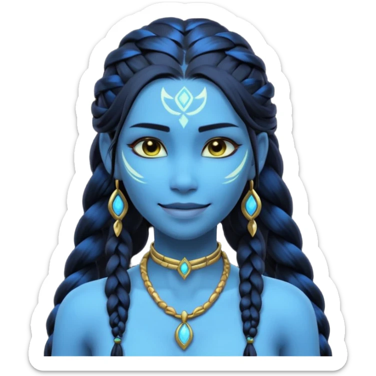 avatar-style Na’vi female portrait, head and shoulders only, blue skin, glowing bioluminescent markings, long braided hair, subtle tribal jewelry, confident smile, 3D cartoon, mobile game icon style, clean background, no text, no watermark
 sticker