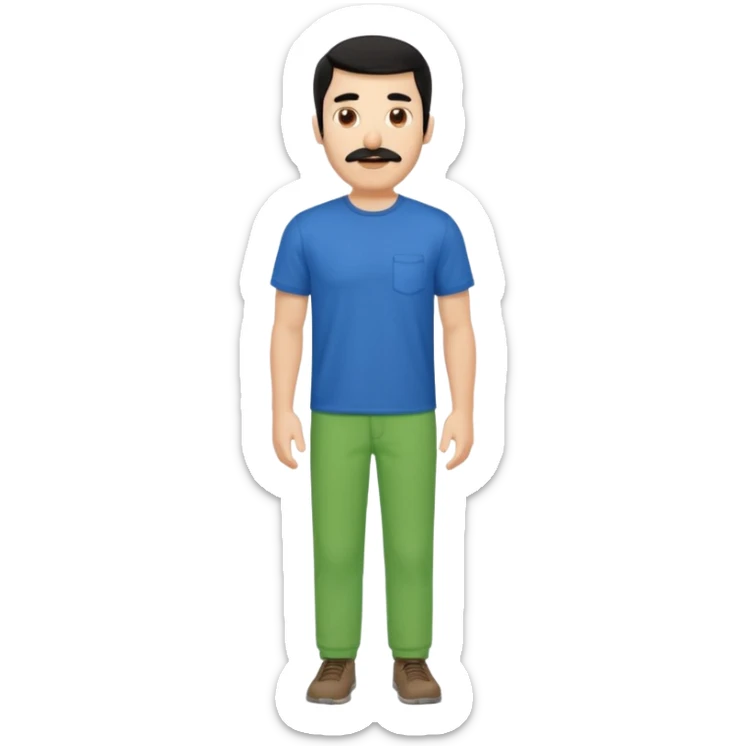 A man with black hair and too short beard and moustache and him wear a blue t shirt and green colour colour  sticker