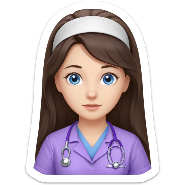 pretty brunette nurse with long hair and blue eyes in lilac scrubs sticker