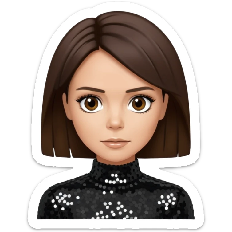 Victoria Beckham from Spice Girls with dark brown hair, black sequin outfit sticker