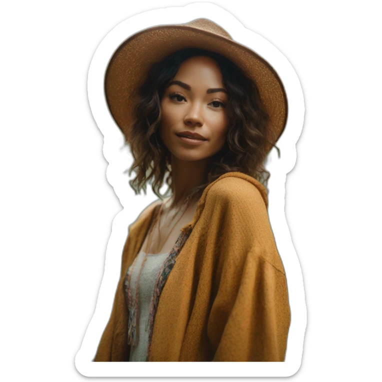 Outdoor photoshoot in a forest setting, model in bohemian attire, style: natural light photography. Camera setup for soft, diffused lighting: 50mm lens, f/2.0, ISO 200, 1/250 sec. –ar 16:9 sticker