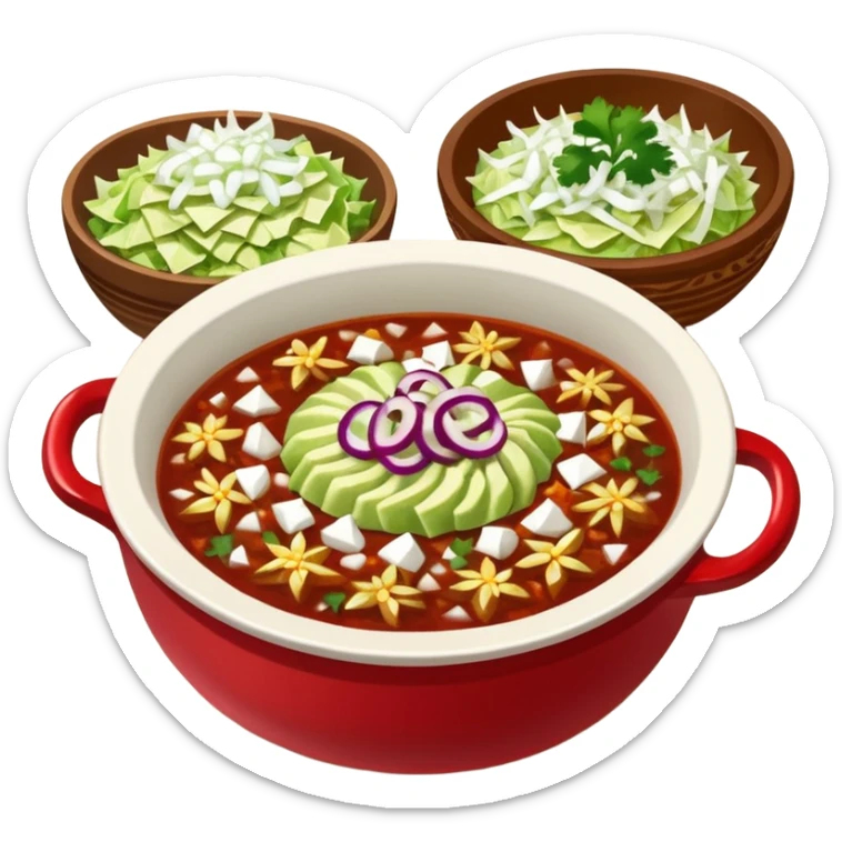 A delicious hot bowl of pozole rojo with the sides next to the bowl: chopped onions, shredded cabbage, lime wedges, red chile de arbol salsa, and full round tostadas sticker