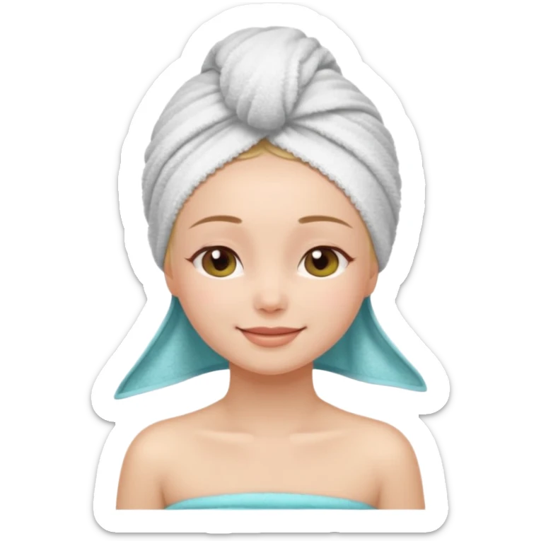 cute girl with her eyes closed and smiling, wearing a spa towel as her clothes in she has a spa towel on her head with no visible hair sticker