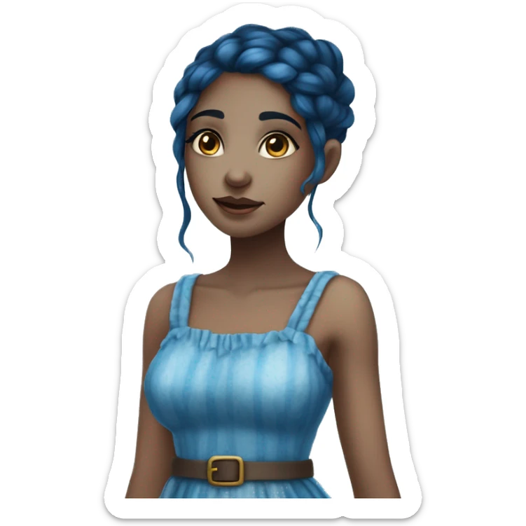 A beautiful blue skinned fantasy girl who has dark blue hair that shines. She has freckles on her nose and wears a cottage dress. sticker