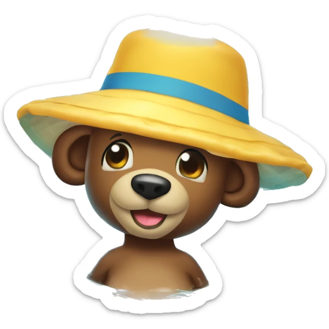 A little and very happu bear who wear a bucket hat swim in inflatable pool sticker