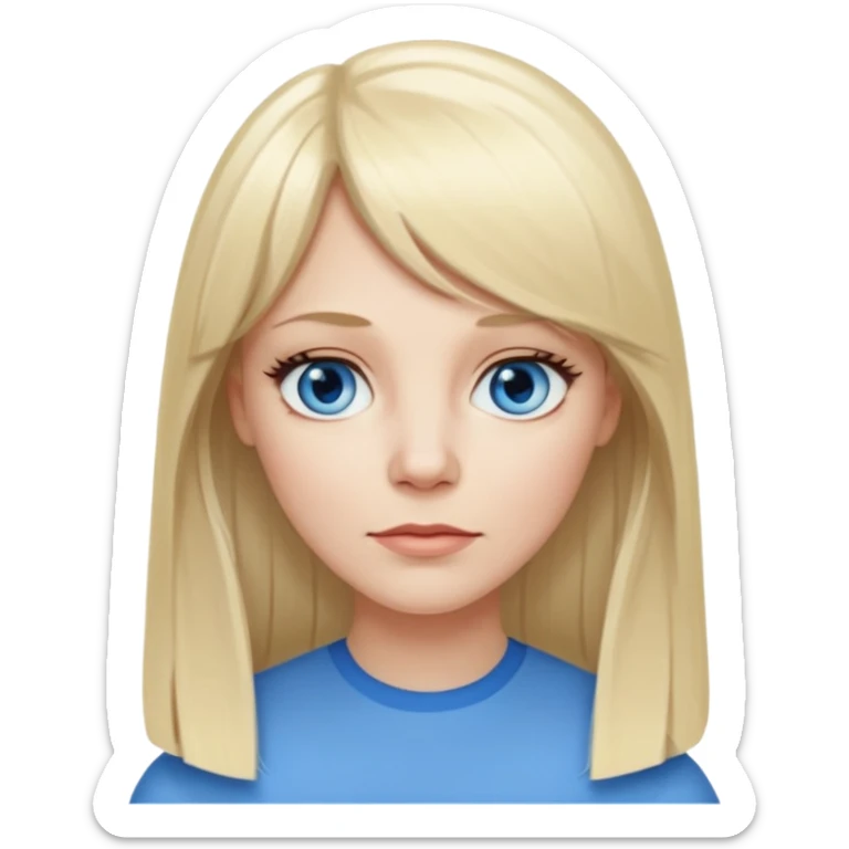 40 yr old white woman, pale skin, long straight blond hair parted in center, blue eyes, bangs sticker