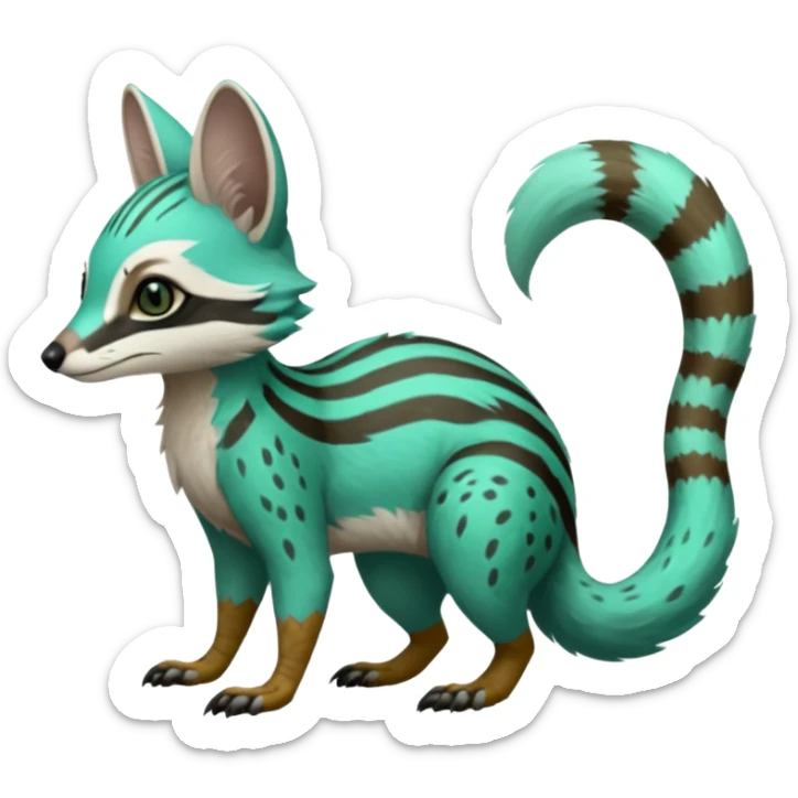 Feral Rare Fantasy minty-cyan Hunter-forest-green  Vernid-Gremz-Numbat-Sergal-Genet-Trico-species by LiLaiRa, random markings, tufted tail, tufted ears, full body sticker