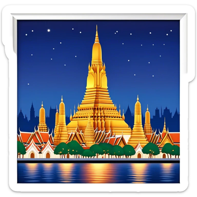 Cinematic Realistic Wat Arun Landmark Emoji, depicted with majestic temple spires illuminated against twilight rendered with intricate detail and soft, ethereal lighting. sticker