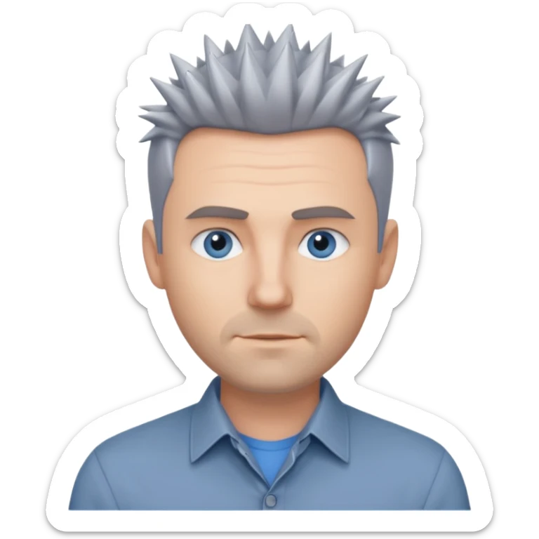 40 yr old white man short spike hair grey dress shirt blue eyes no smile sticker