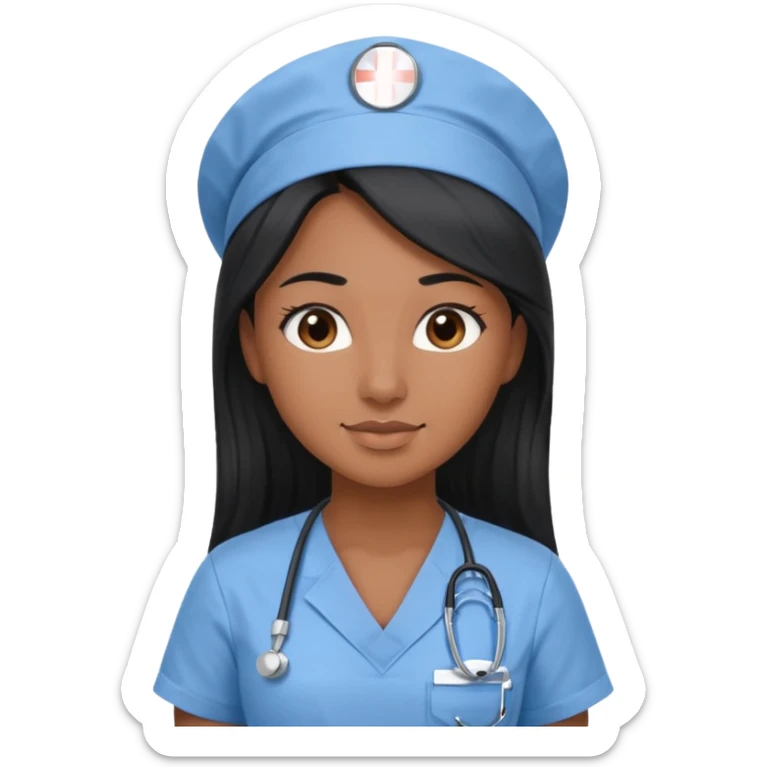 pretty brown skin nurse with long black hair and brown eyes in light blue scrubs sticker