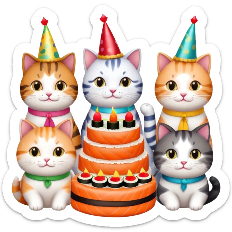 exactly six individual cats in a row celebrating one cat's birthday, each cat clearly visible and holding a piece of sushi, birthday cake in center, all six cats with party hats sticker