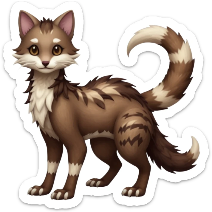 Kawaii dark edgy brown beige white fantasy ethereal feline-vernid-sergal-furret-fursona animal creature with a tufted tail full body with intricate markings  sticker