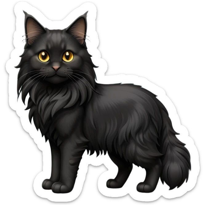 cinematic-black-maine-coon-cat-full-body-on all fours-emoji,-head-tilted-playfully-and-inquisitively,-sleek-solid black-fur,-simplified-yet-adorable-features,-highly-detailed,-glowing-with-a-warm,-friendly-glow -simplified-yet-realistic sticker