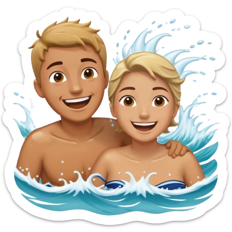 A person splashing water at their friend in the ocean, both laughing as the waves roll around them. The sun shines warmly above, capturing the joy of creating fun, embracing connection, and appreciating the moment with someone who makes life feel lighter.  sticker