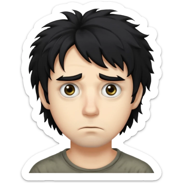 Hair: Messy, shaggy black hair that sticks out in uneven tufts, like he never bothers to style it.

Eyes: Big, heavy-lidded eyes with dark circles/eye bags, giving him a tired, haunted stare.

Skin: Very pale complexion sticker