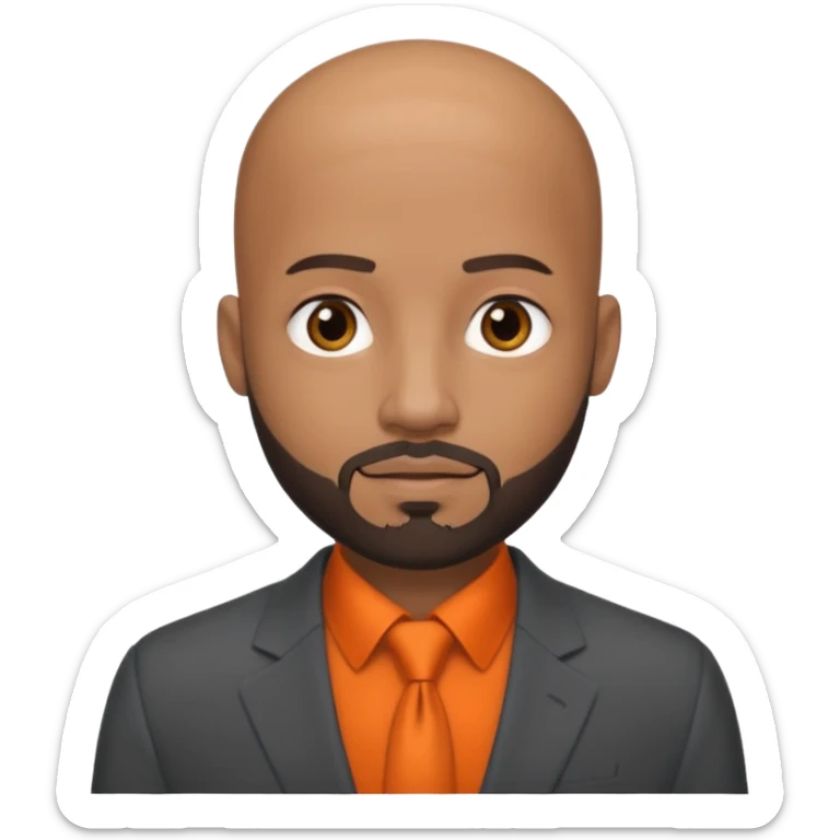 headshot of a sophisticated, stylish, bald head, small eyes Caribbean black man with a beard and goatee in a dark gray suit and orange shirt sticker