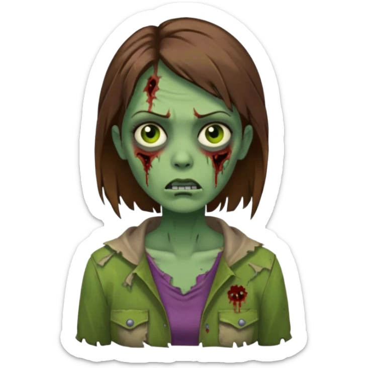 a zombie woman with straight brown medium hair with green skin sticker