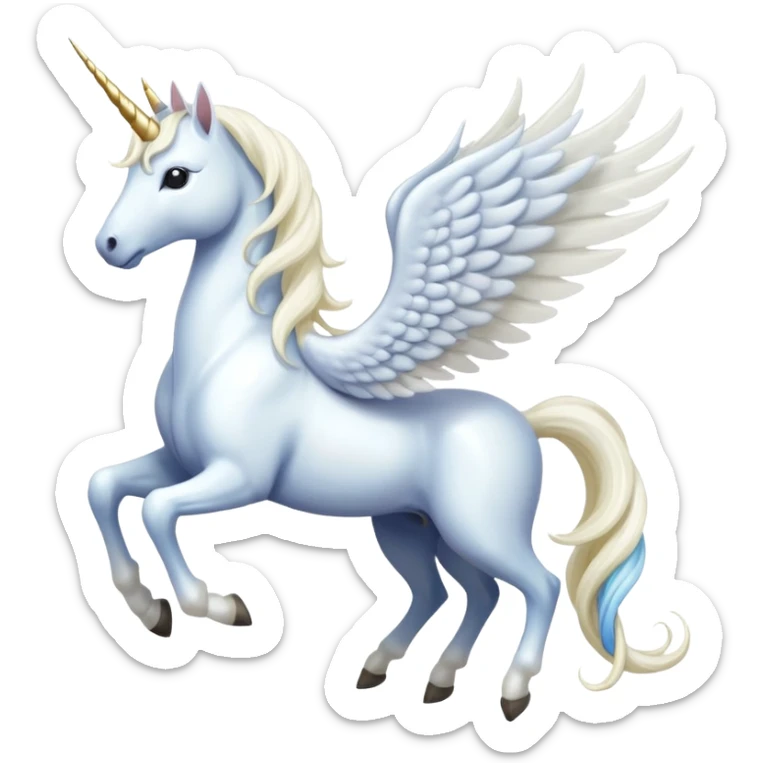 All white Cinematic Noble Unicorn with wings, slender with a flowing mane and tail and spiraled horn sticker