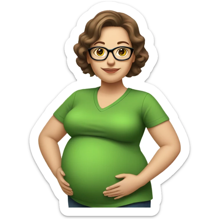 Big pregnant white women wearing a green shirt and glasses with brown hair sticker