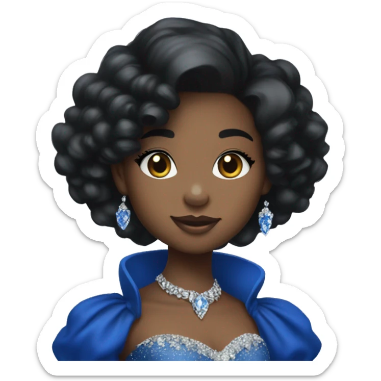 A young black princess with a royal blue dress and gloves, with black puffy hair with diamond hair accessories,and diamond jewelry sticker
