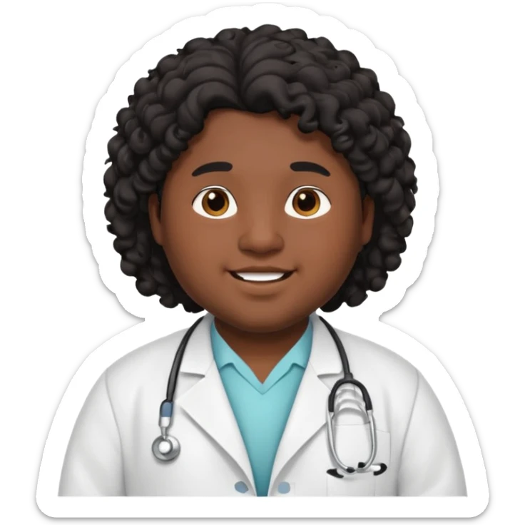 a young chubby male doctor with black long curly hair and cheerful face without gpasses sticker