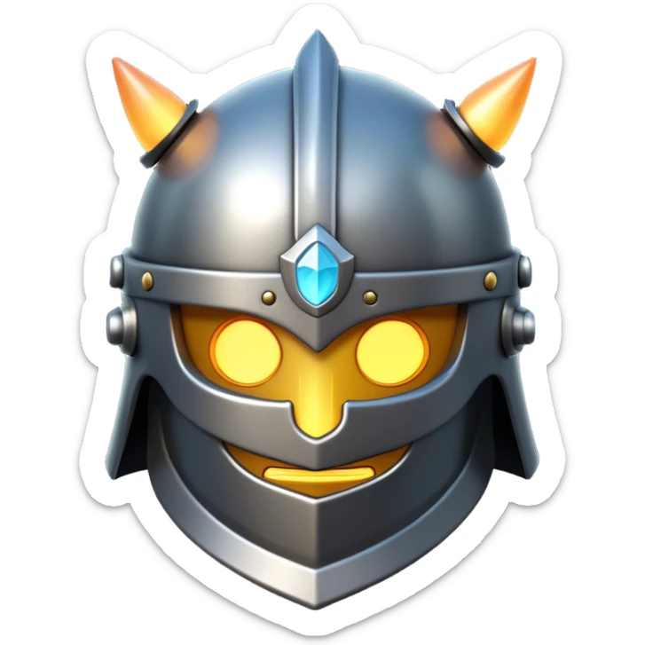 Clash of Clans aesthetic: Cinematic Playful 3D Isometric steel helm Emoji, rendered in a 3D vector-style similar to standard emojis with minimal shading and bold, simplified shapes. A compact, distinct form with signature details, softly glowing with a fantasy RPG magic charm. Simplified yet unmistakably iconic, highly detailed and consistent, glowing with a soft radiance and high shine. Stylized with a touch of heroic grandeur and a soft glowing outline, capturing the essence of a beloved gaming relic with a friendly, playful manner! sticker