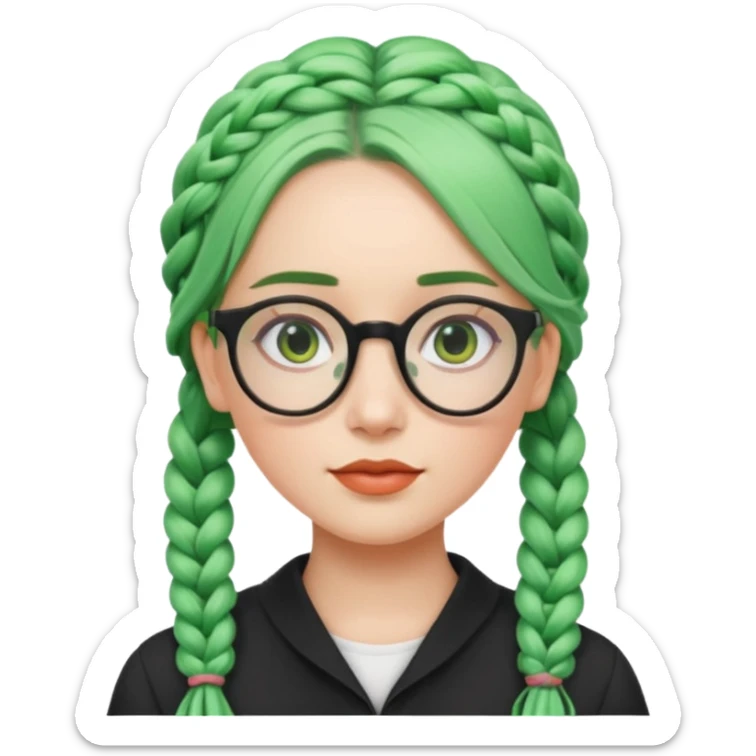 woman with green hairs, braids and  rectangle spectacle, big visible braids and unique face shape, rectangle spectacles sticker